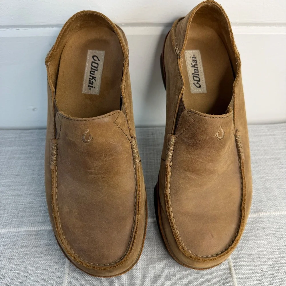 OluKai Moloa Loafer Mens Size 9.5 Brown Leather Slip On Shoe Convertible Slipper